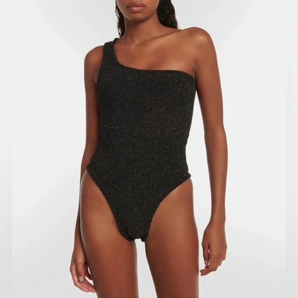 Hunza G Nancy Metallic One-Shoulder One-Piece Swimsuit Glittering Black OS NWT - Picture 3 of 15